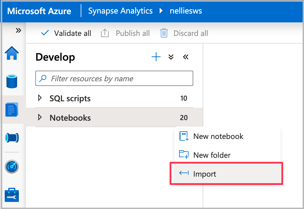 Captura de pantalla de Azure Synapse Analytics, con la opción Import (Importar) resaltada.