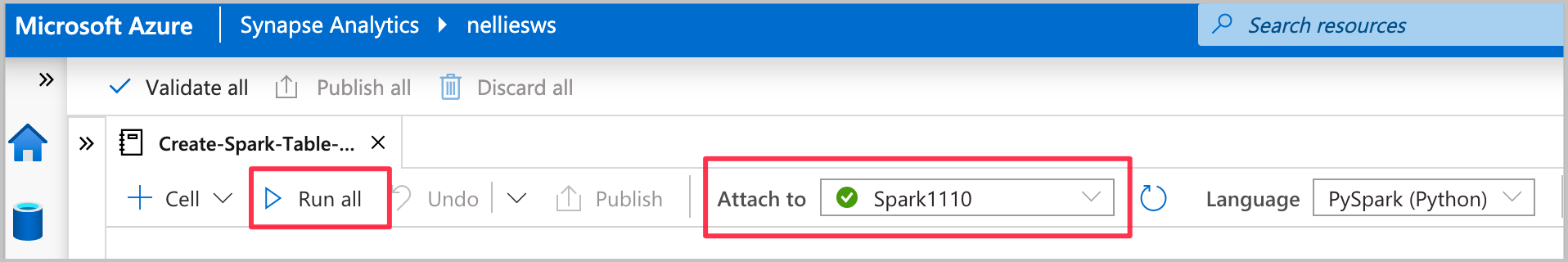 Captura de pantalla de Azure Synapse Analytics, con Run all (Ejecutar todo) y la base de datos de Spark resaltada.