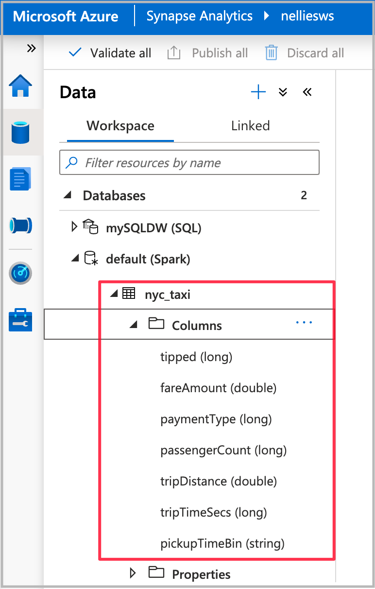 Captura de pantalla de la pestaña Data (Datos) de Azure Synapse Analytics, con la nueva tabla resaltada.