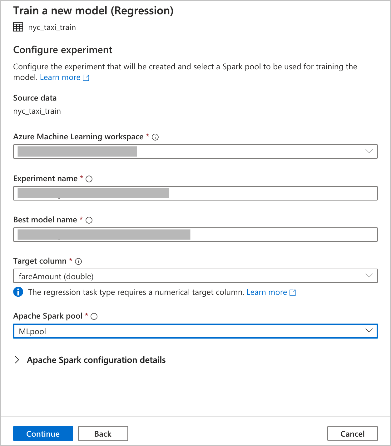 Captura de pantalla de especificaciones de configuración para entrenar un modelo de Machine Learning.