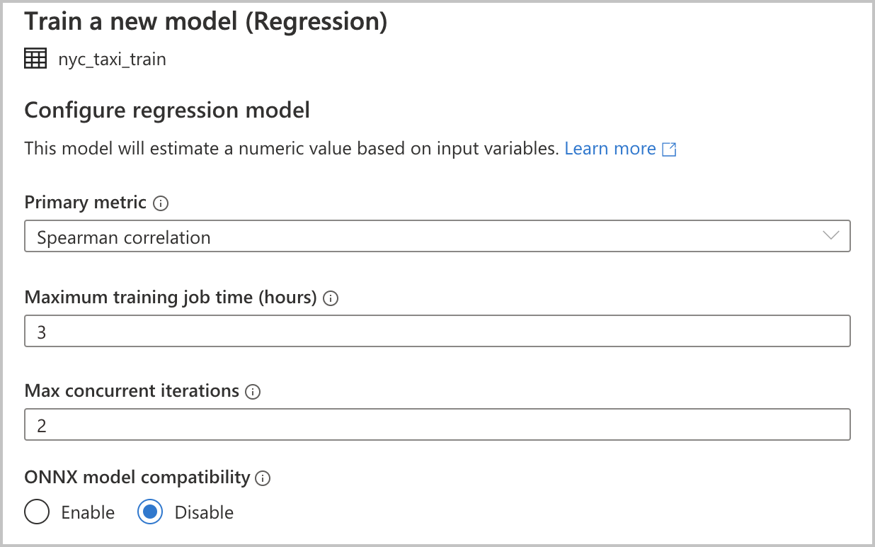 Captura de pantalla de configuraciones adicionales para configurar un modelo de regresión.