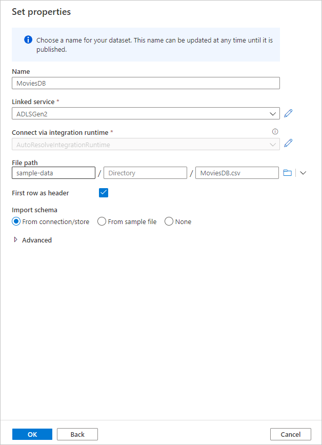 Configuración del conjunto de datos de origen