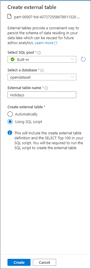 Captura de pantalla del portal de Azure de la ventana de diálogo de creación de tabla externa de Azure Synapse Analytics.