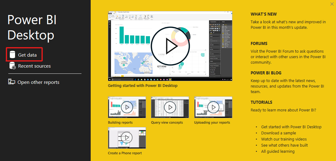 Abra la aplicación power BI Desktop y seleccione Obtener datos.