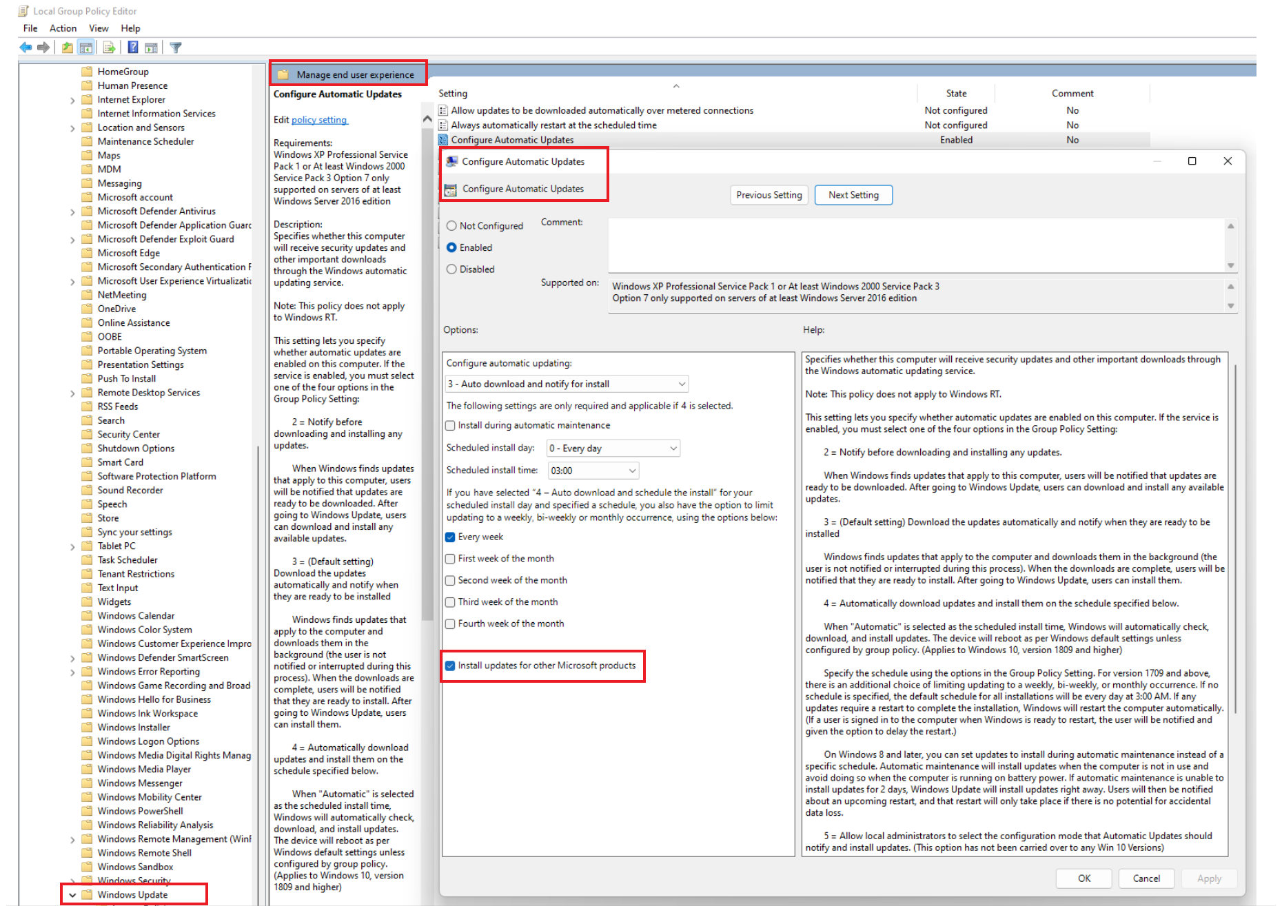 Recorte de pantalla de la selección o anulación de la selección de la instalación de actualizaciones para otros productos de Microsoft.