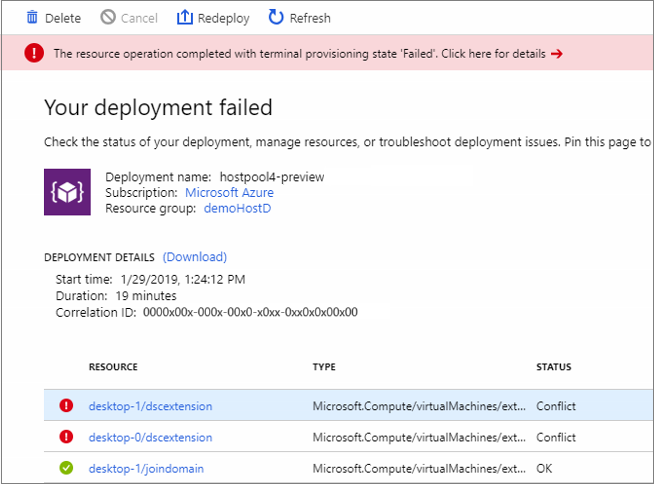 Captura de pantalla de la operación de recursos completa con un estado de aprovisionamiento terminal de Error de implementación.