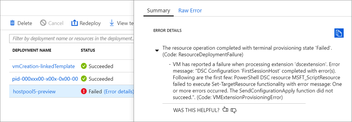 Captura de pantalla de error de implementación con la configuración de DSC de PowerShell 