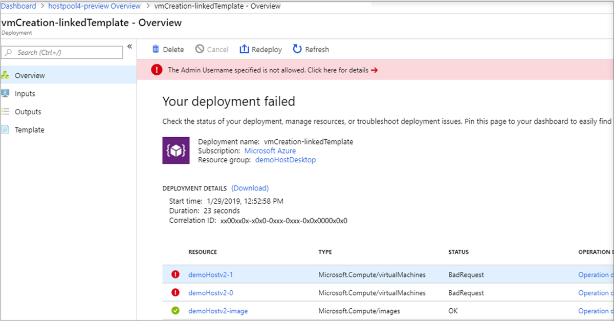 Captura de pantalla de error de implementación en que un administrador especificado no está permitido.