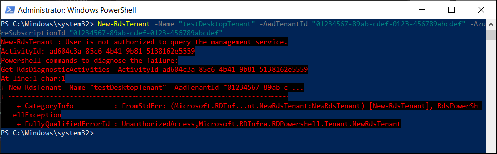 Captura de pantalla de una ventana de PowerShell en que un usuario no está autorizado para consultar el servicio de administración.