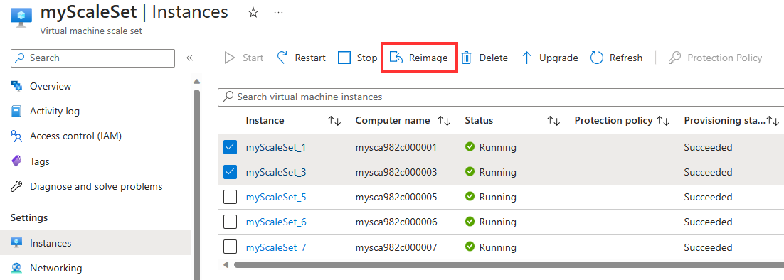 Captura de pantalla que muestra el restablecimiento de la imagen inicial de instancias de conjuntos de escalado mediante Azure Portal.