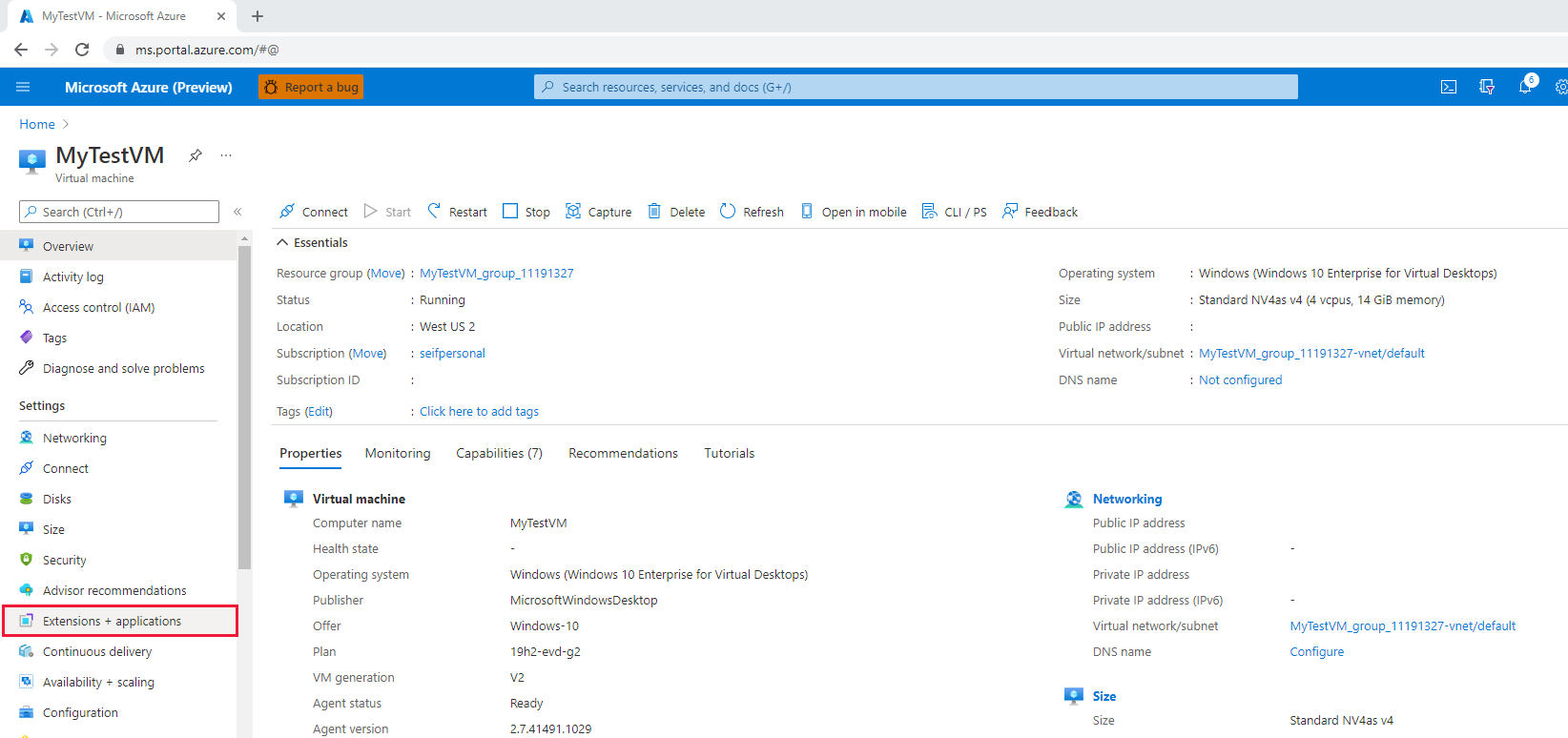 Captura de pantalla que muestra la selección de Extensiones en el menú de Azure Portal.