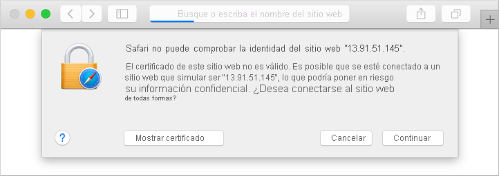 Aceptar la advertencia de seguridad del explorador web