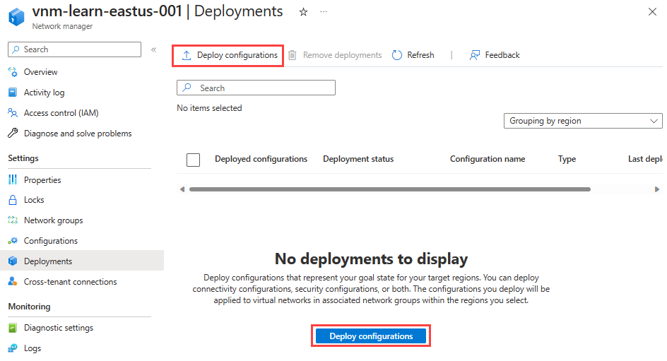 Captura de pantalla del panel para las implementaciones en Virtual Network Manager.