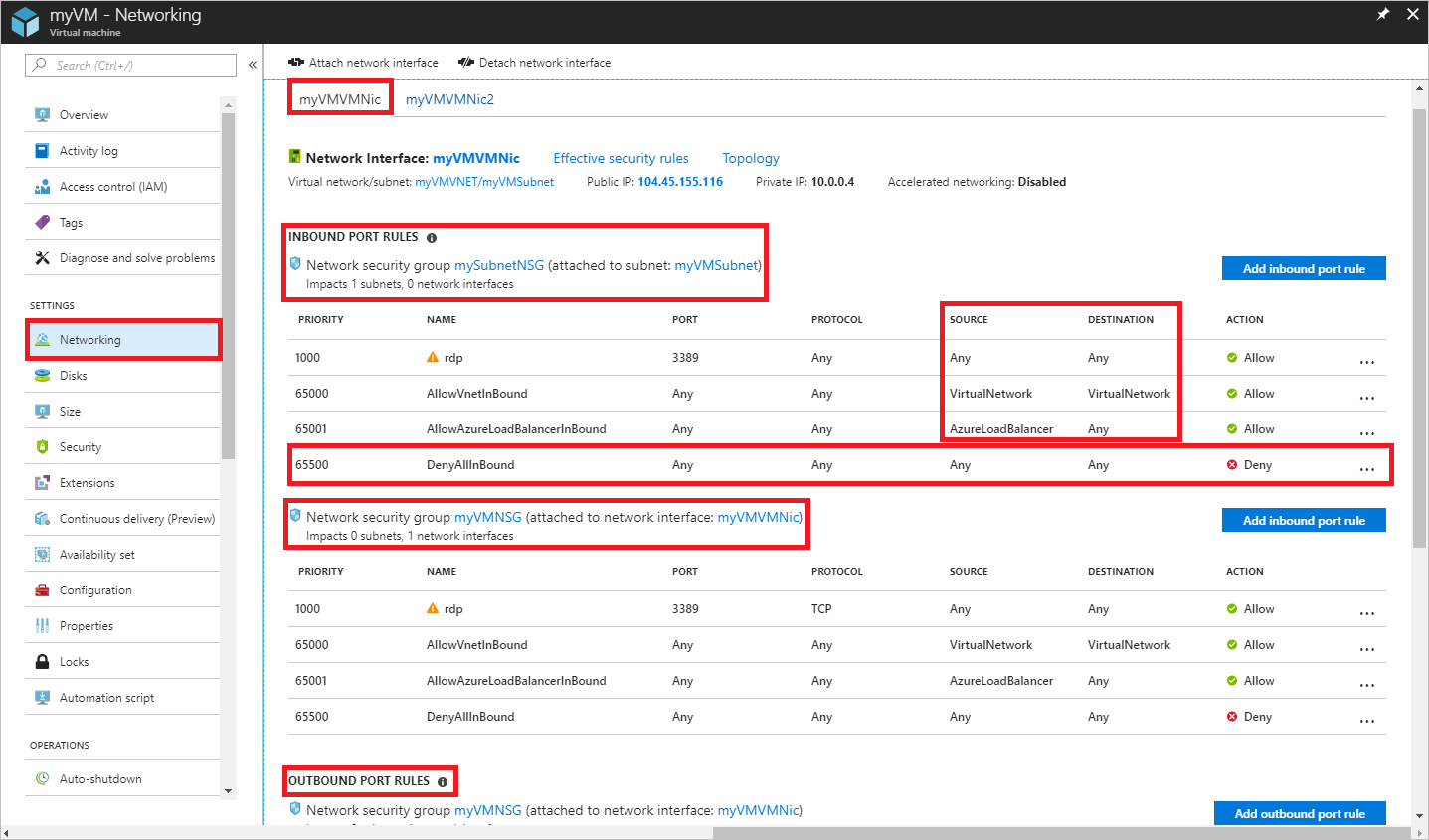 Captura de pantalla que muestra la configuración de Redes de Azure Portal para la interfaz myVMVMNic.