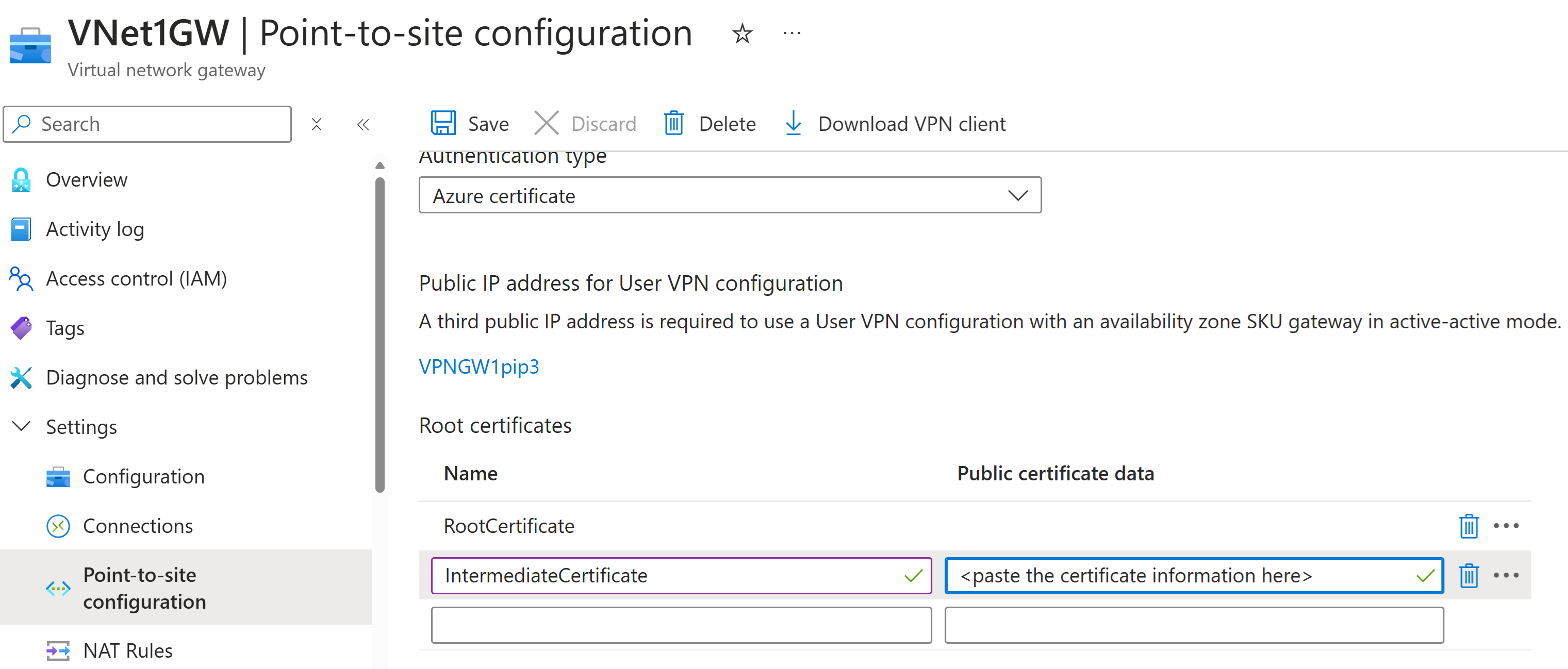 Certificado intermedio para la configuración de punto a sitio.