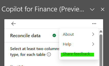Screenshot that shows the Share feedback link in Finance Agent.