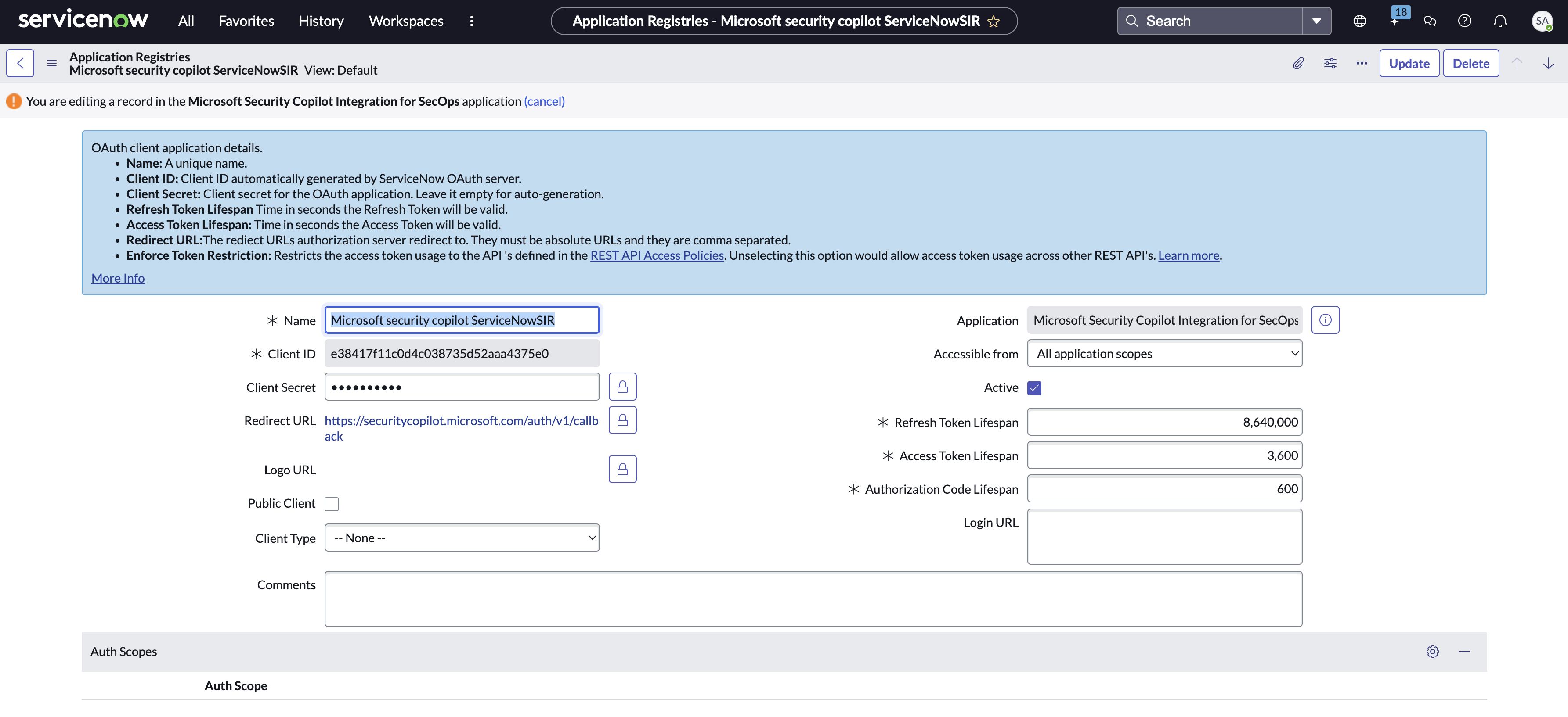 Captura de pantalla del registro de aplicaciones de OAuth.