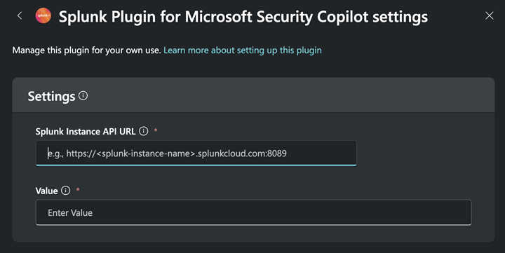 Imagen de la configuración de Security Copilot de Splunk.