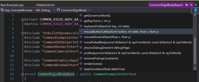 Captura de pantalla del menú desplegable de la barra de herramientas de la lista de miembros en la ventana del editor. Enumera funciones como getRayTo(in x, int y). Se resalta el método de devolución de llamada del botón del mouse.
