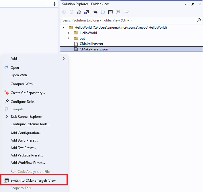 Captura de pantalla del menú Vista de destinos de CMake.