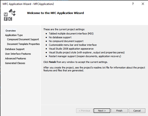 Captura de pantalla del Asistente para aplicaciones MFC de Visual&nbsp;Studio&nbsp;2015.