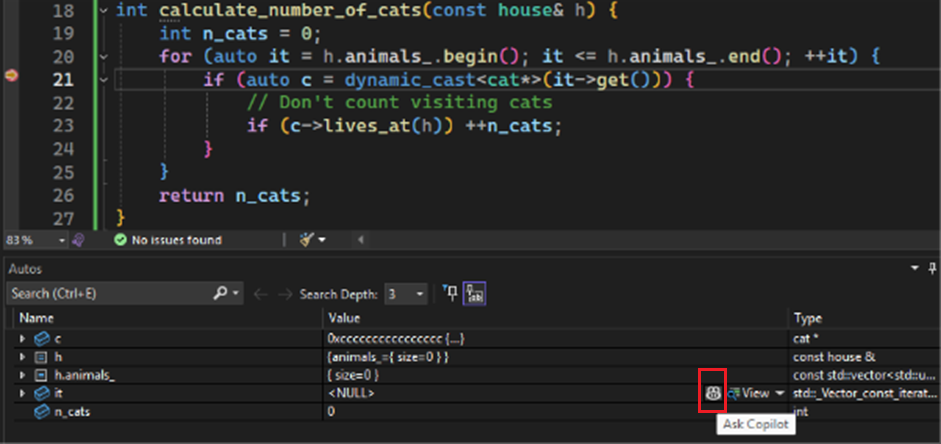 Captura de pantalla de la ventana Automáticos. La variable con nombre es NULL. El icono de Preguntar a Copilot está resaltado.