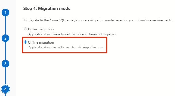 Captura de pantalla que muestra la selección de migraciones sin conexión.