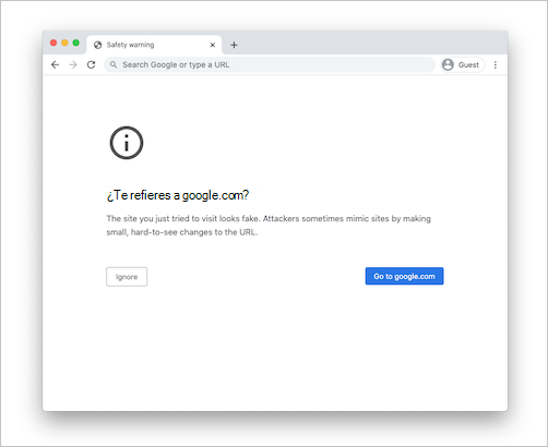 Captura de pantalla de una advertencia de sitio similar en Chrome.