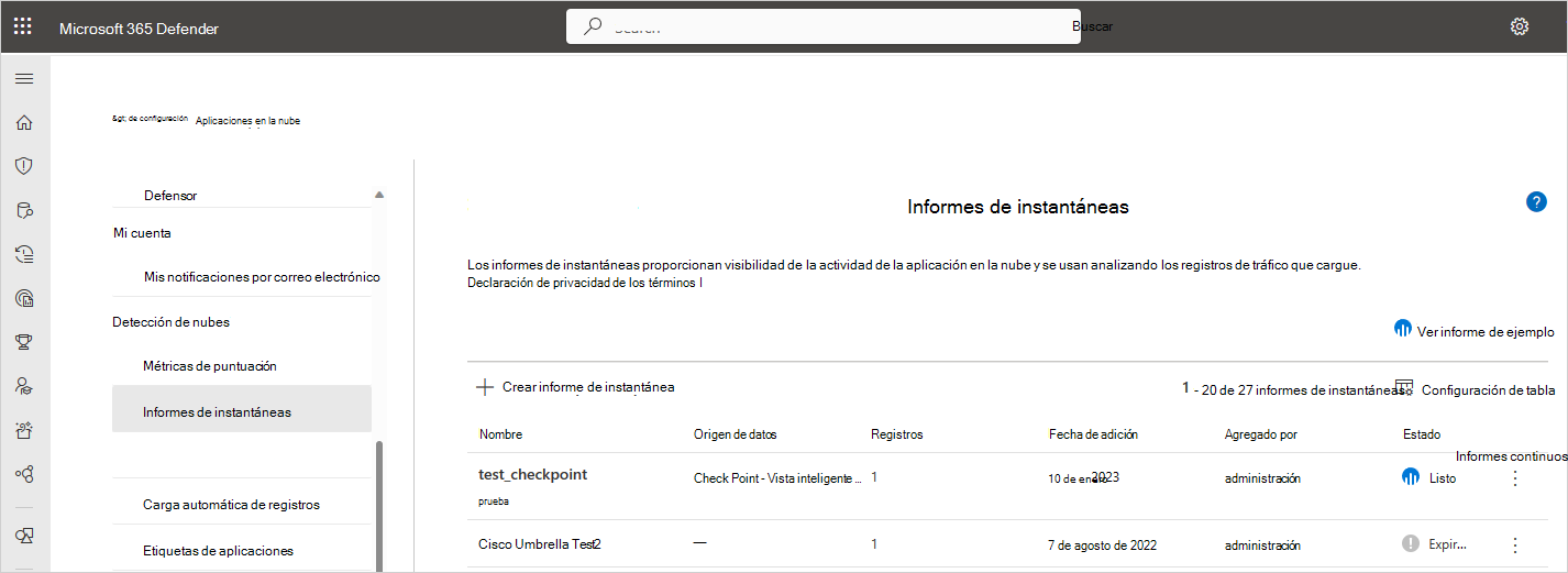 administración de informes de instantáneas.