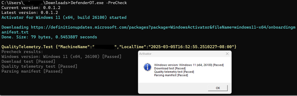Captura de pantalla que ilustra la ejecución de la herramienta de implementación de Defender en modo de línea de comandos.