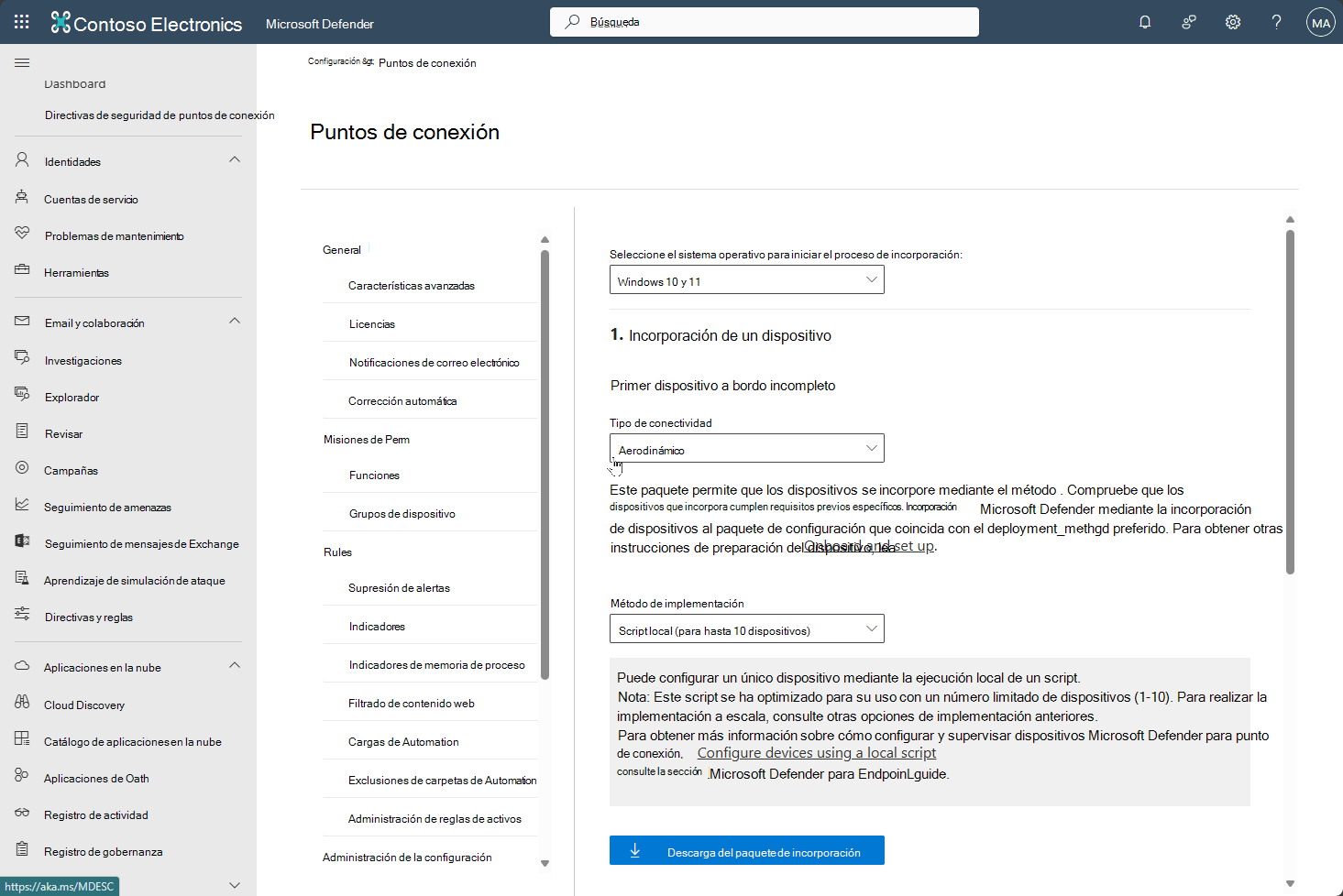 Captura de pantalla que muestra la incorporación de dispositivos en el portal de Microsoft Defender para Defender para punto de conexión.