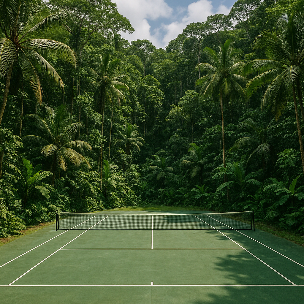 Imagen generada por ia de una cancha de tenis en una selva.