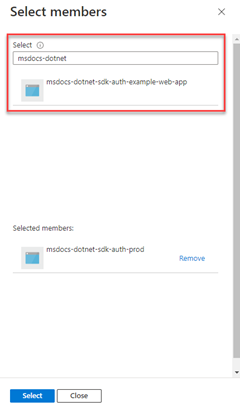 Captura de pantalla que muestra cómo filtrar y seleccionar el grupo de Azure AD para la aplicación en el cuadro de diálogo Seleccionar miembros.