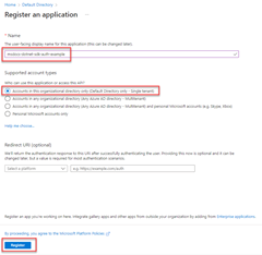 Captura de pantalla que muestra cómo rellenar la página de registro de una aplicación al proporcionar un nombre a la aplicación y especificar tipos de cuenta compatibles como cuentas solo en este directorio organizativo.