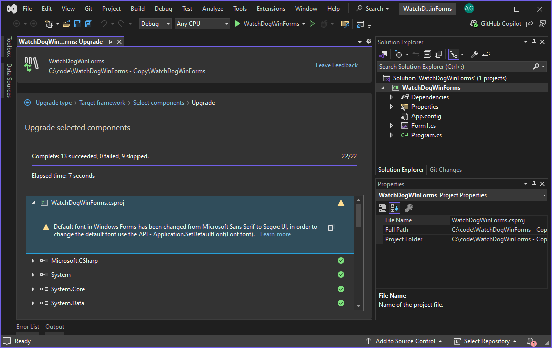 Pestaña Resultados de la actualización del Asistente de actualización de .NET en Visual Studio.