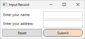 Captura de pantalla de una aplicación WPF con dos cuadros de texto etiquetados como nombre y dirección. Hay dos botones visibles. Un botón se denomina Restablecer y el otro Enviar. El botón Enviar tiene esquinas redondeadas y un color de melocotón aplicado.