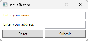 Captura de pantalla de una aplicación WPF con dos cuadros de texto etiquetados como nombre y dirección. Hay dos botones visibles. Un botón se denomina 