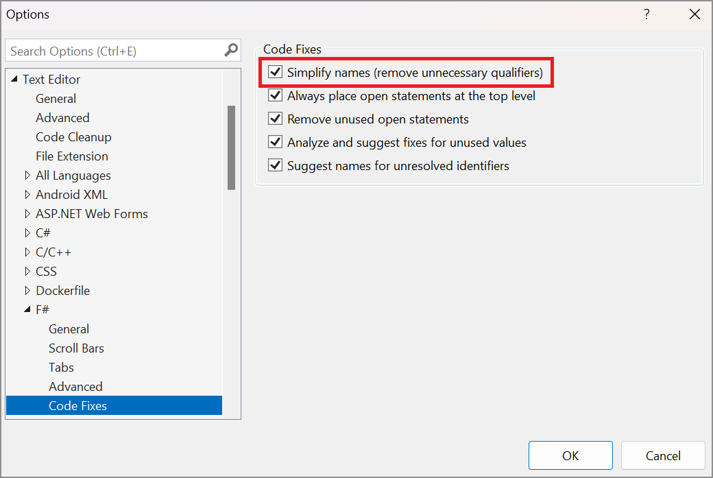 interfaz de usuario de opciones de herramientas en Visual Studio en la que se muestran las opciones del editor de texto de F#.