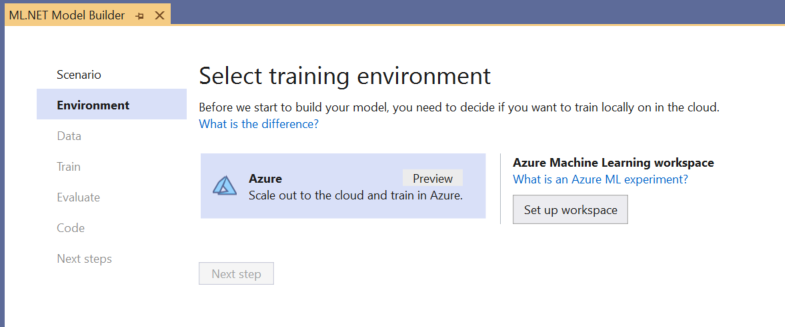 Selección del entorno de entrenamiento de Azure