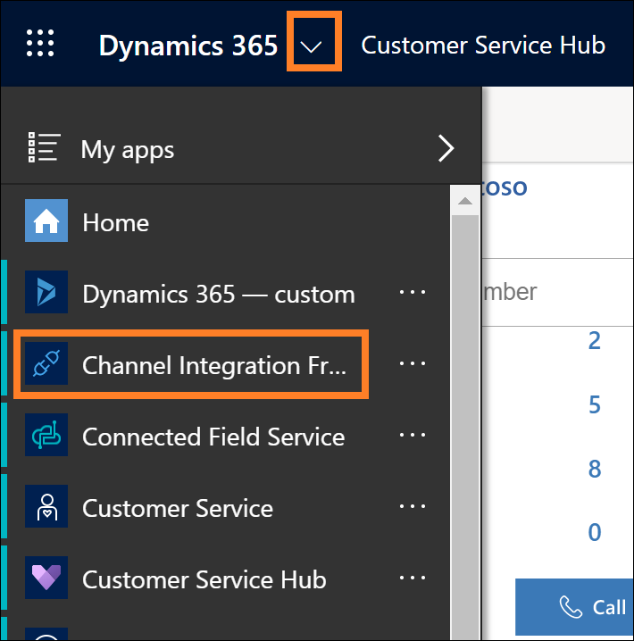 Dynamics 365 botó desplegable per trobar Marc d'integració de canals.