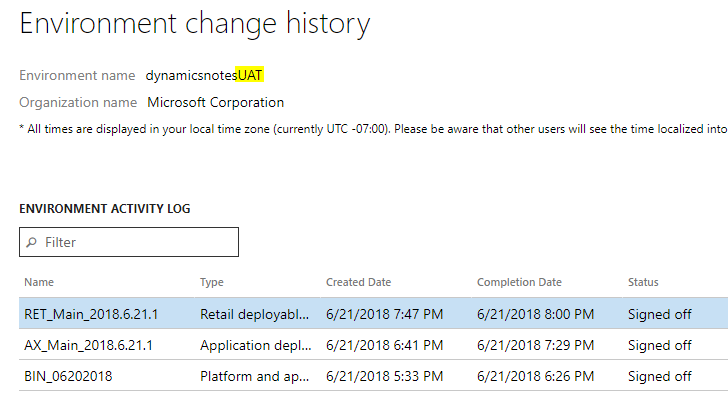 Screenshot of the environment change history for UAT.