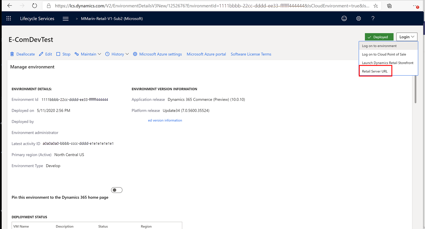 Screenshot of Retail Server URL option in LCS.