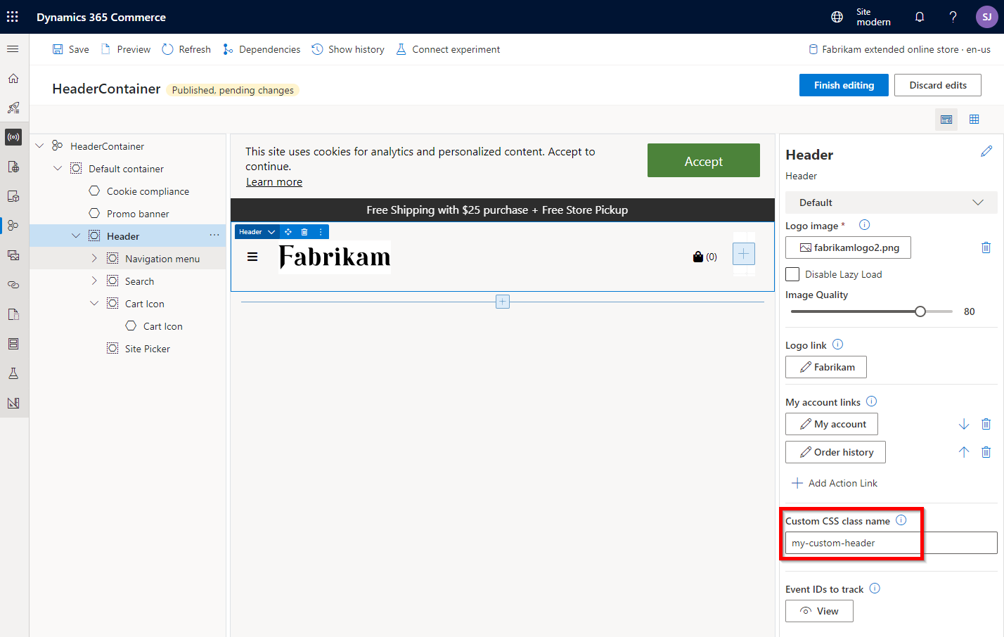 Screenshot of Custom CSS class name setting in a header module in site builder.