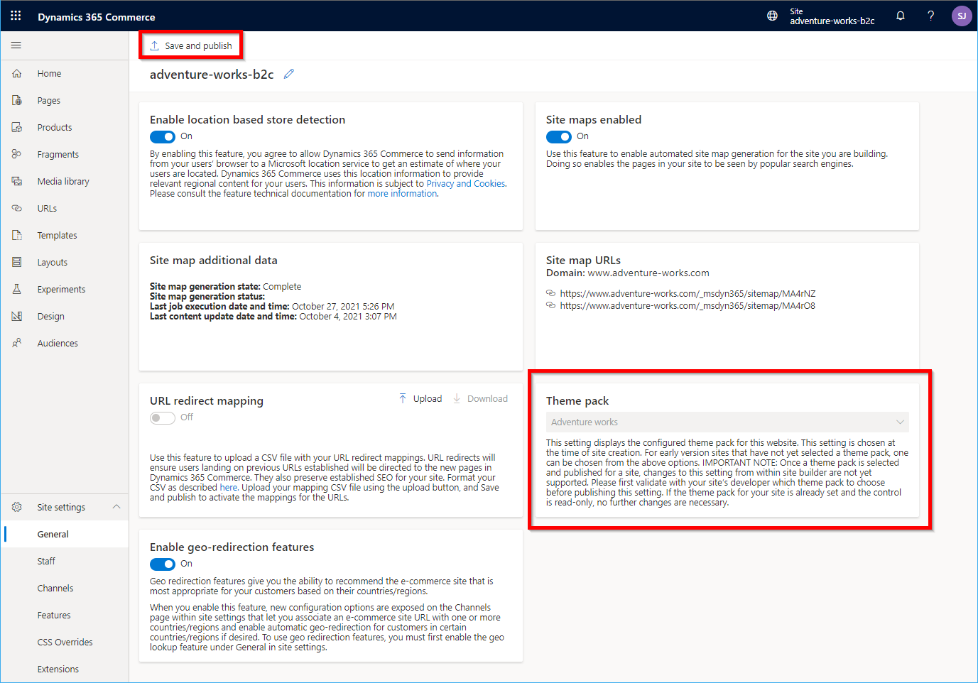 Screenshot of the Theme pack selected in the General site settings page in Commerce site builder.