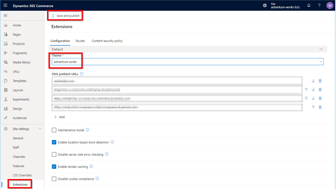 Screenshot of the Themes field on the Extensions site settings page in Commerce site builder.