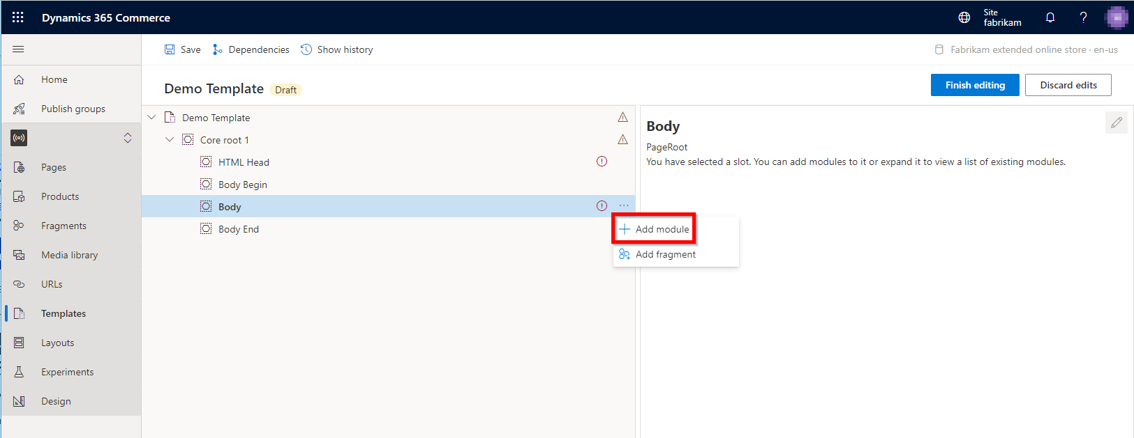 Screenshot of adding a new module to the Body slot in Commerce site builder.