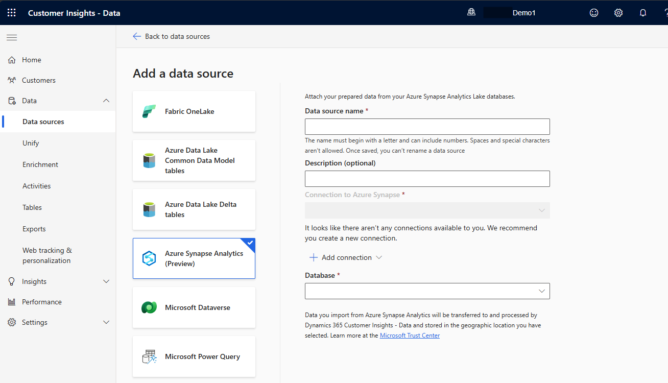 Captura de pantalla d'un quadre de diàleg per connectar amb les dades de Synapse Analytics.