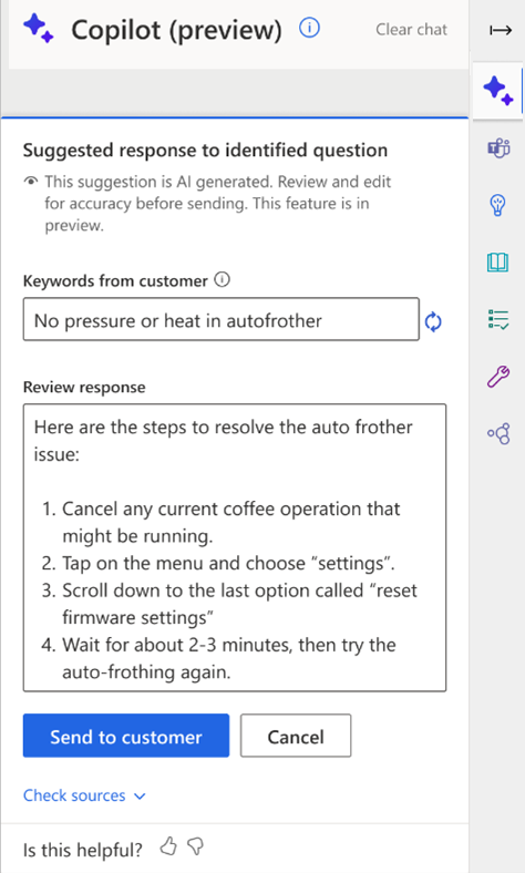 Captura de pantalla de copilot suggeriments de respostes per a les converses.