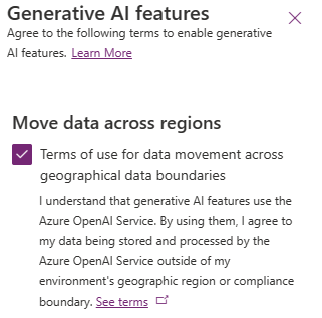 Captura de pantalla de les característiques generatives d'IA del Power Platform Admin Center.
