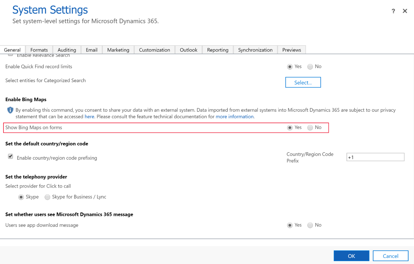 Captura de pantalla de la pàgina de Configuració del Sistema amb l'opció Mostra Bing Maps als formularis ressaltada.